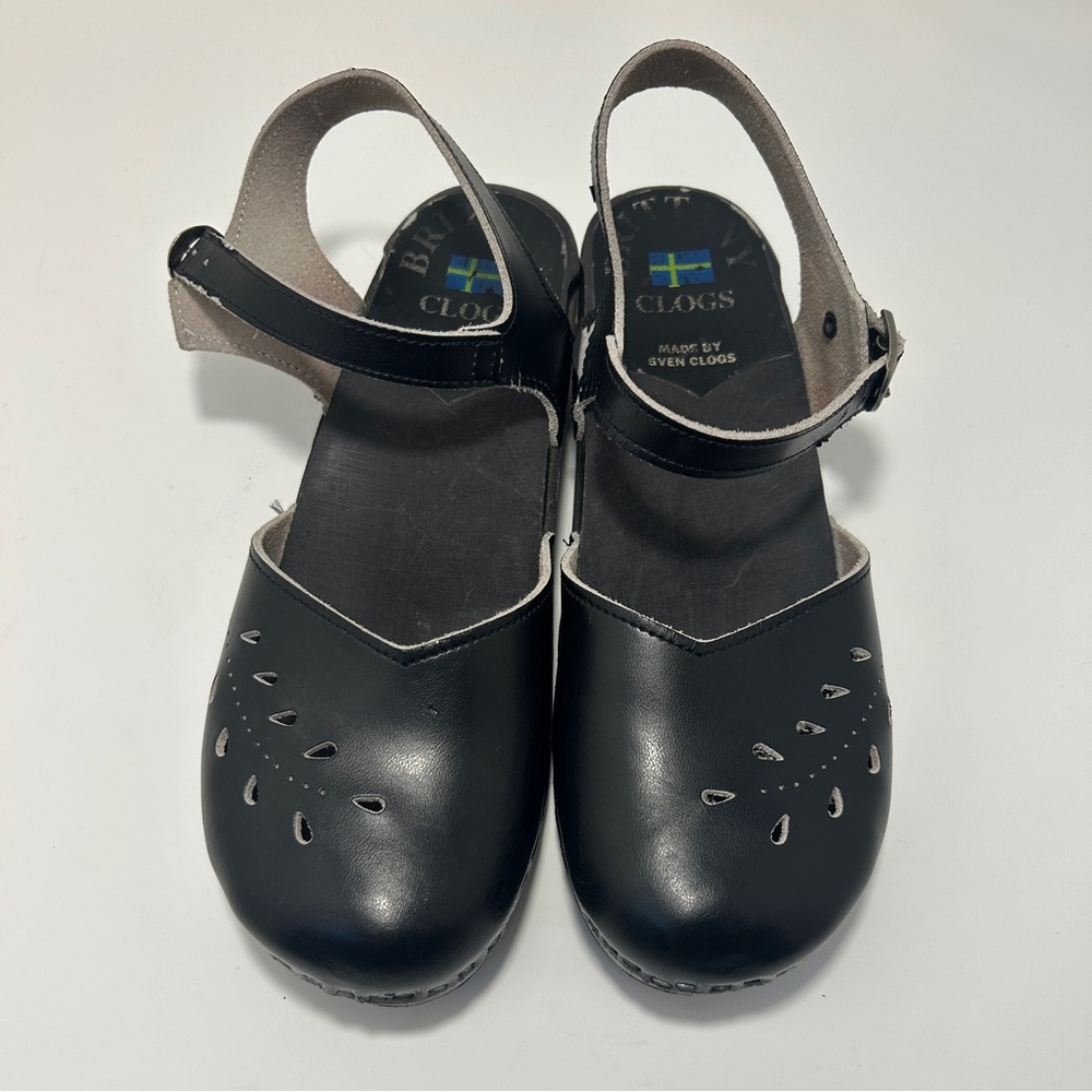 Sven Brittany Swedish Wood Sole Mary Jane Cut-Out Black Leather Clogs Shoes